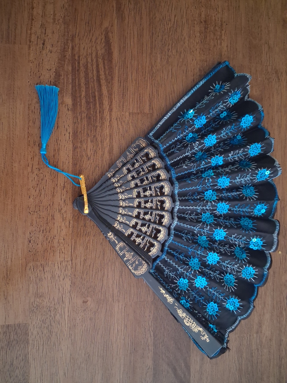 Black Lace Hand Fan with Turquoise Embroidery
